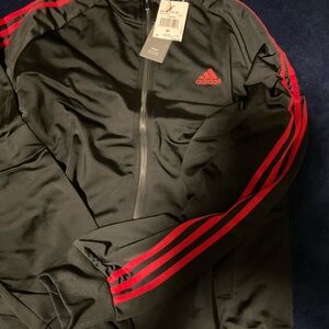 Adidas Men's Black Windbreaker with Red Stripes